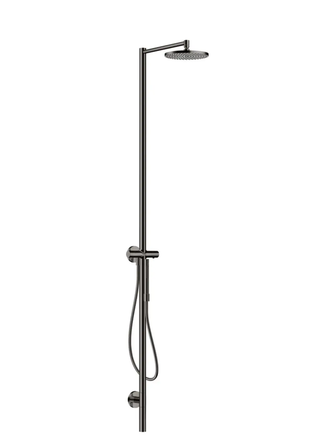 Duschsäule mit Thermostat und Kopfbrause in glänzendem Schwarzchrom von AXOR. Vertikales Design mit separatem Handbrauseschlauch.
